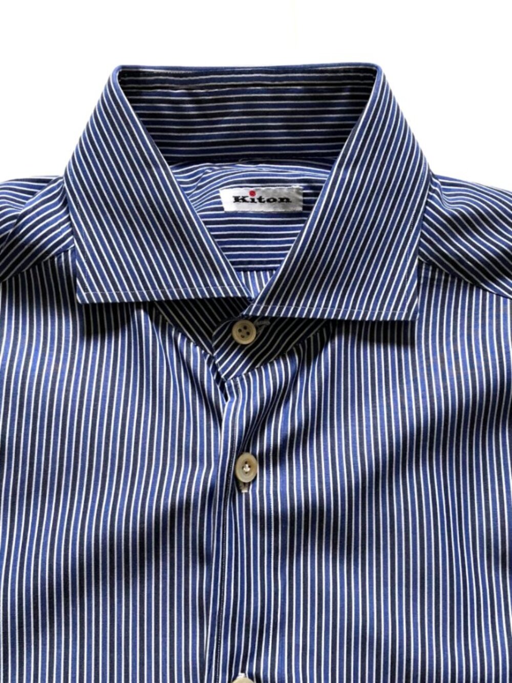 KITON Button Down Sport Shirt Mens 40 15.5 Blue White Stripe Cotton Long Sleeve